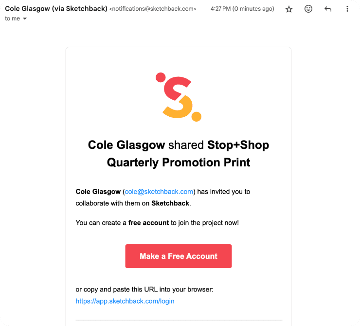 An email from Sketchback indicating that a file has been shared with you
