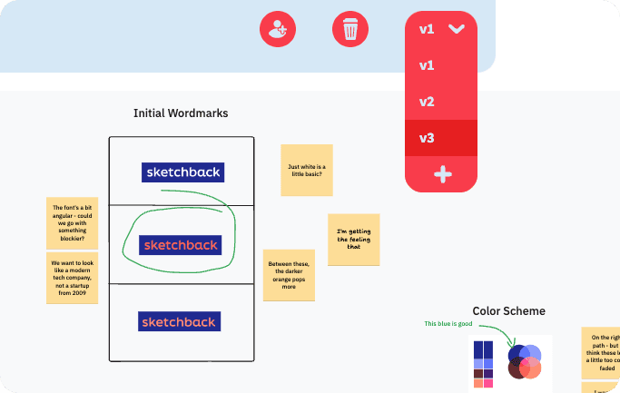 Sketchback canvas with version selector displayed